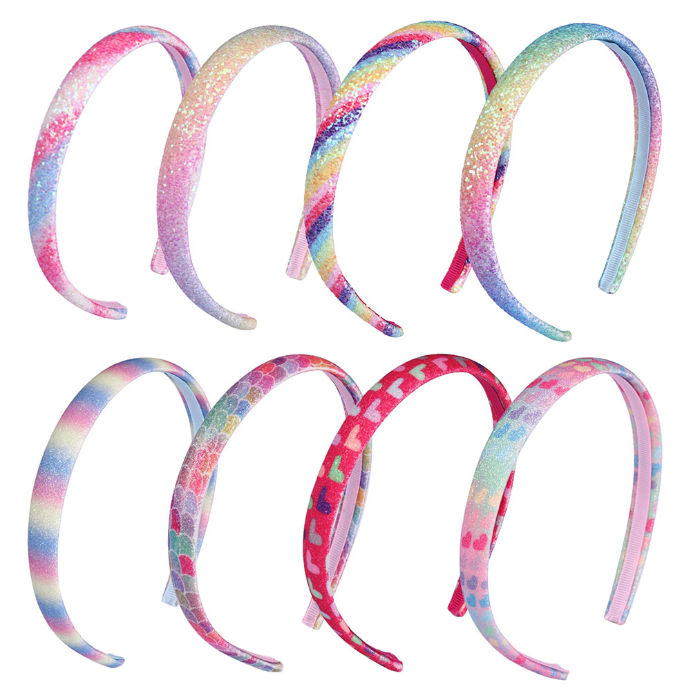 8 gradient rainbow scallion pink children's hair bands, candy-colored heart-shaped headbands, Glitter pink hair bands and headwear Item Picture