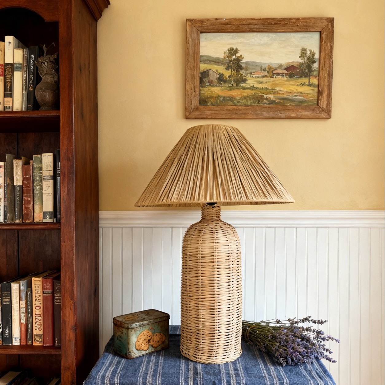 Japanese-style ins bedroom retro bedside lamp, living room homestay decoration, hotel night light, rattan weaving atmosphere table Specification drawing