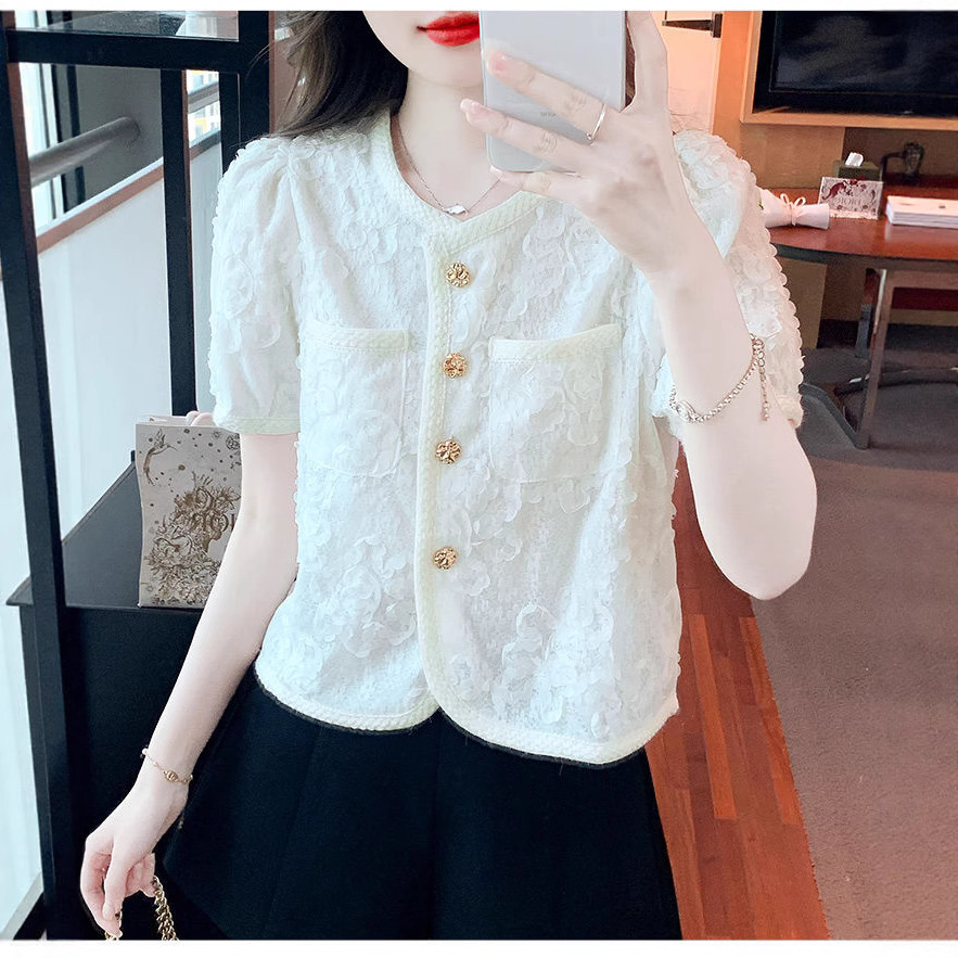 小香风圆领雪纺短袖衬衫女2025夏新款高级感蕾丝气质修身短款上衣