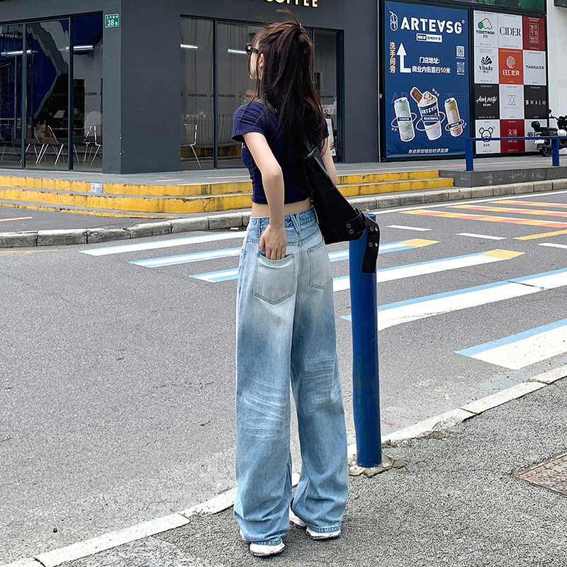 Light blue jeans, women's washable retro straight-leg pants, women's summer design sense wide-leg pants, long pants, loose floor-length pants details Picture