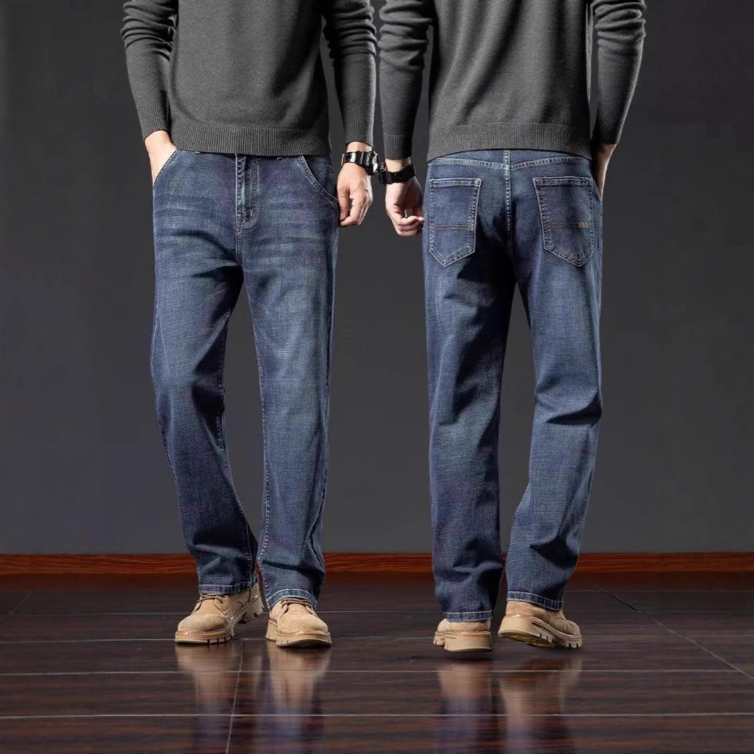 Men's loose straight-leg jeans for autumn and winter, 2025 new large-sized casual, fleece and thickened business elastic dad pants