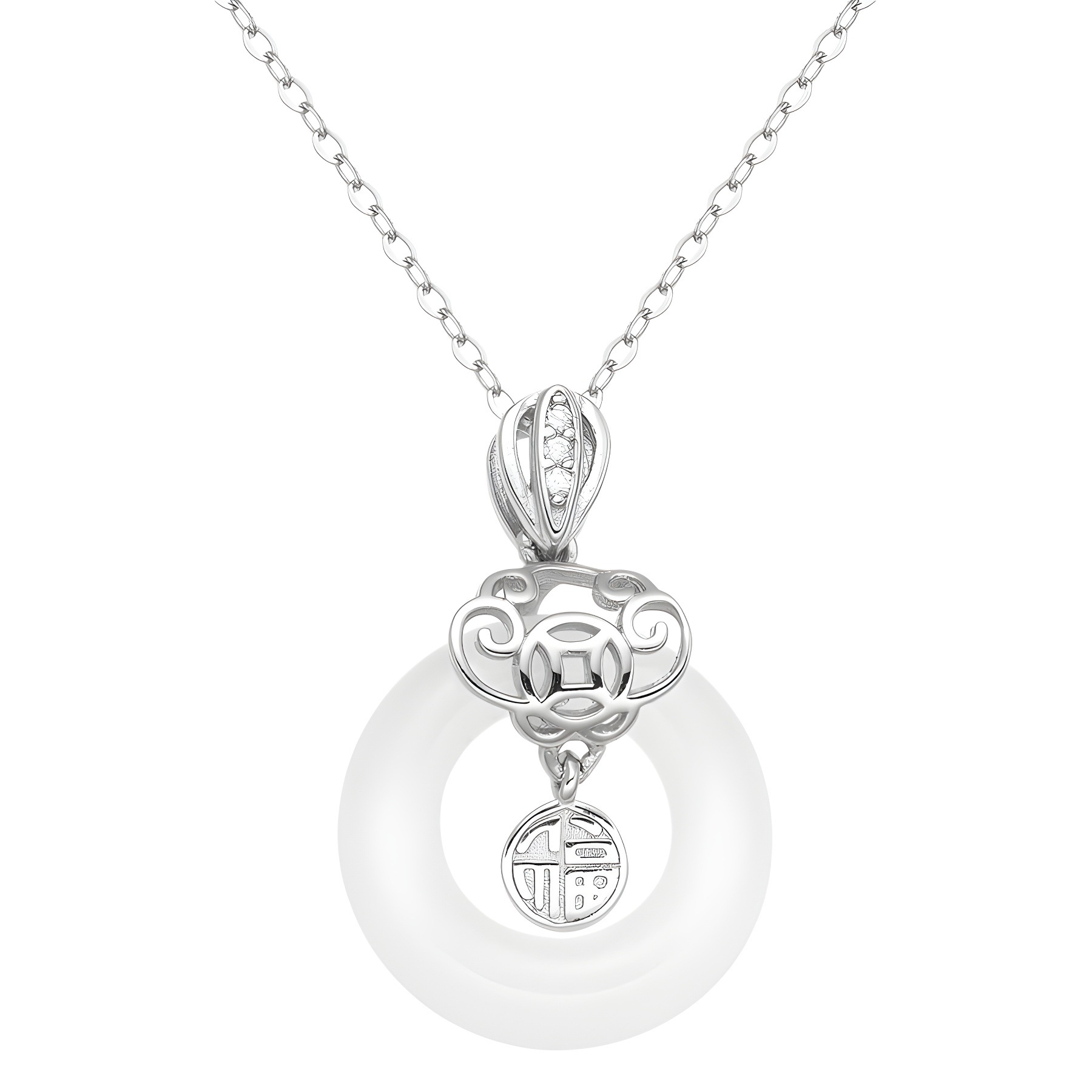 S925 Silver "Fu" character copper Coin chalcedony Peace Pendant Necklace, New Chinese-style auspicious cloud pendant, national trend high-end collarbone chain Item Picture