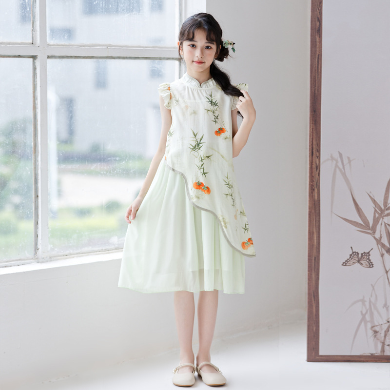 New Chinese-style cheongsam summer Chinese style girl green puffy gauze dress printed Tang suit children's dress