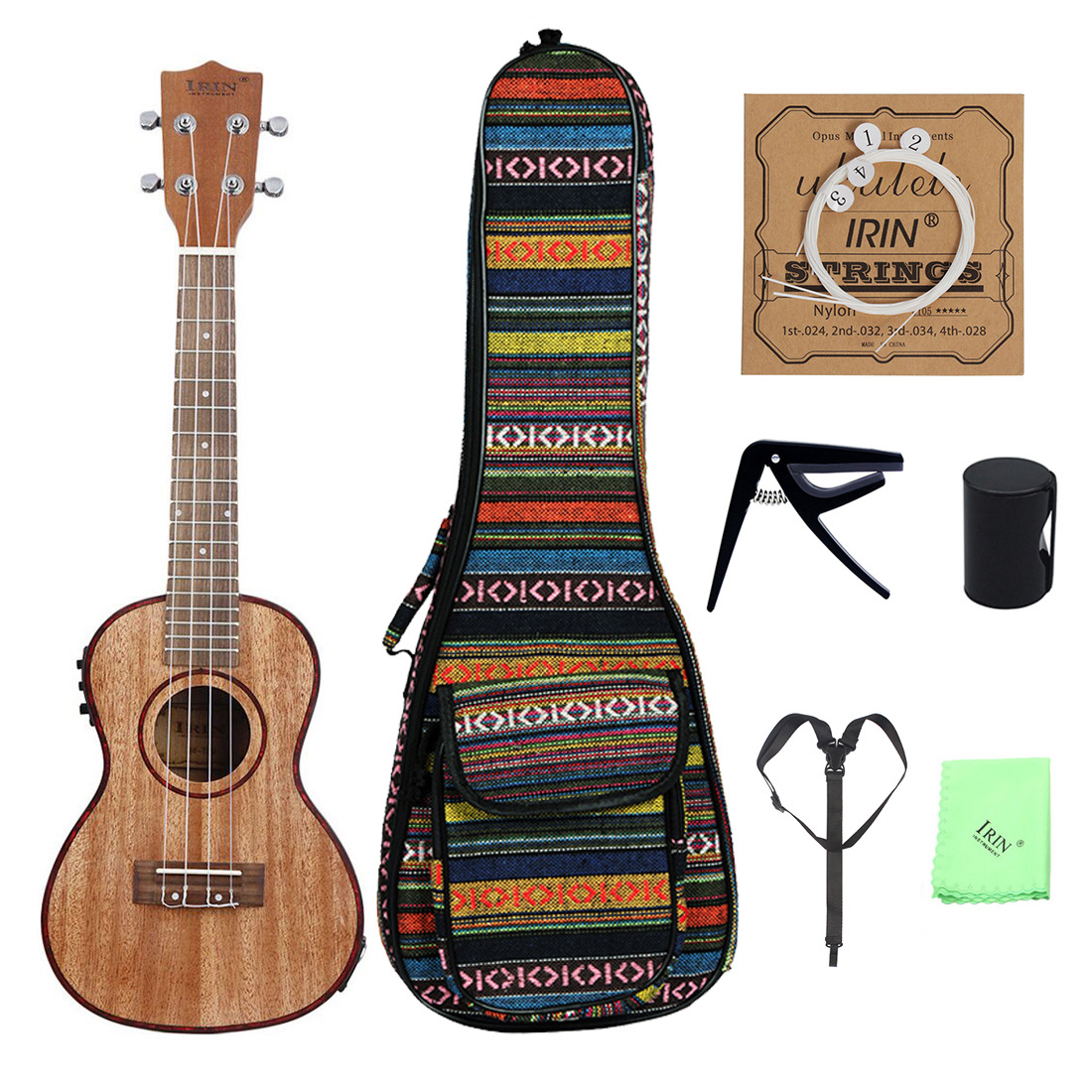 Ukulele case, strings, tuner, strap, cleaning cloth, tuner, guitar stand, door handle, gloves, AV32 Saxophone storage, multi-functional set
