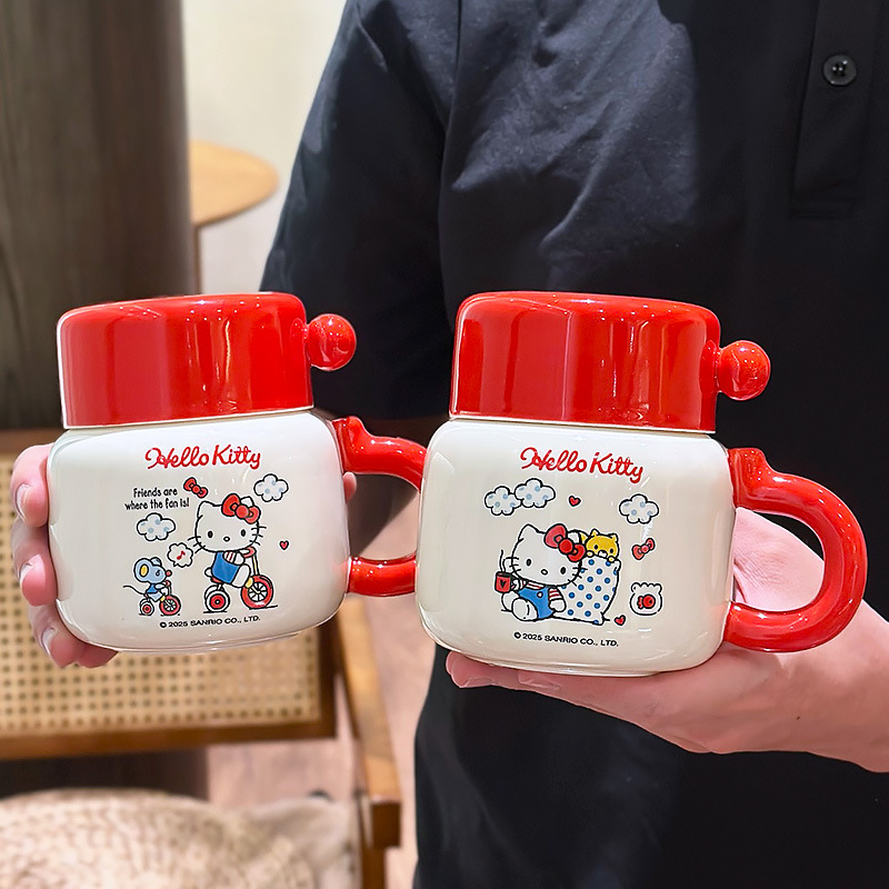 hellokitty water cup, women's household mug, high appearance level, cute covered cup, ceramic office details Picture