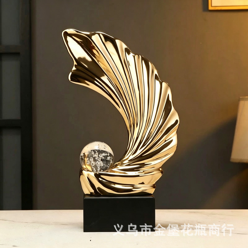 Light luxury golden wave scallop resin ornaments, living room TV cabinet, crystal ball decorations, modern home craftsmanship