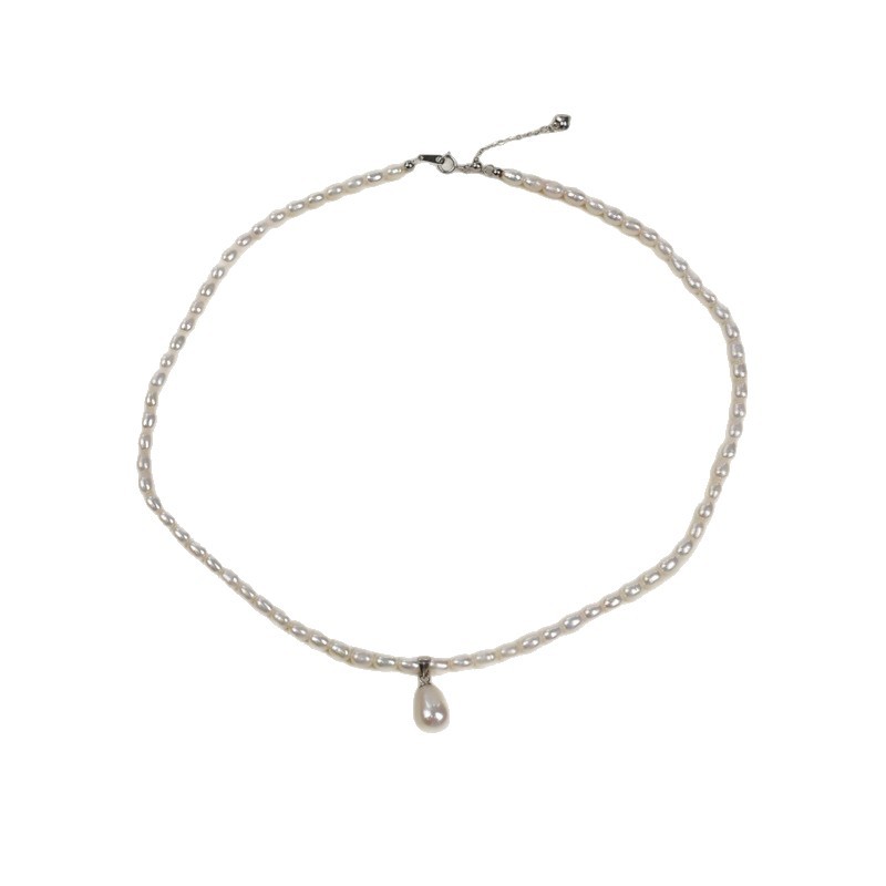Natural freshwater pearl rice bead necklace for women, 925 silver, elegant and simple water drop pendant, pearl necklace, sweater chain Item Picture