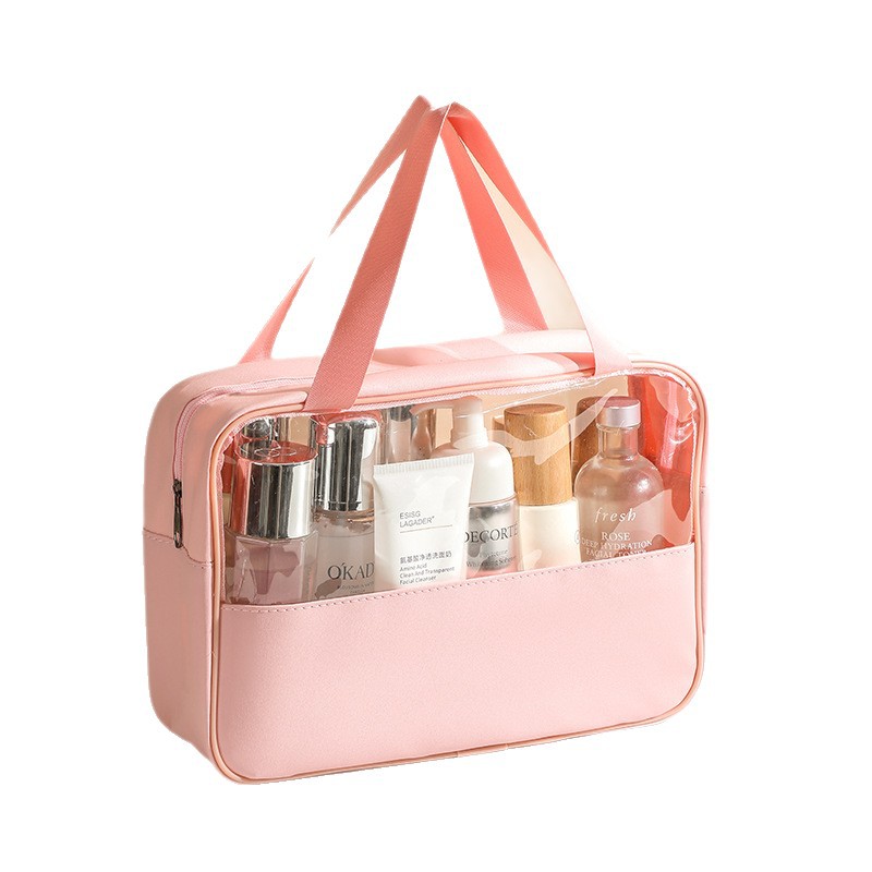 New transparent makeup and toiletry bag, large-capacity waterproof swimming bath bag, simple handbag, pu spliced bag, set makeup bag Item Picture