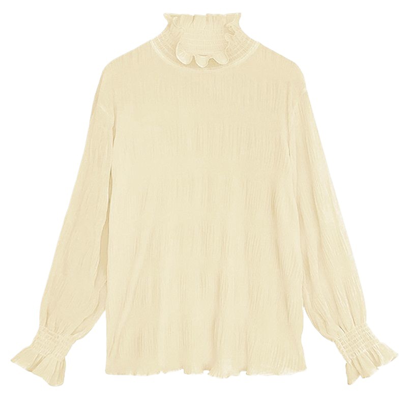 A stand-up collar apricot lace base layer shirt for women's Spring and Autumn 2024 new style, with fleece inside paired with chiffon shirt and black ear lace top Item Picture