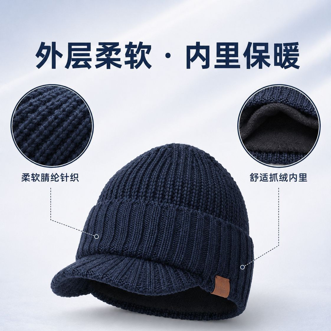 Autumn and winter knitted hat with brim and plush lining for windproof and warmth. Men's solid-color simple and trendy woolen hat in winter Specification image