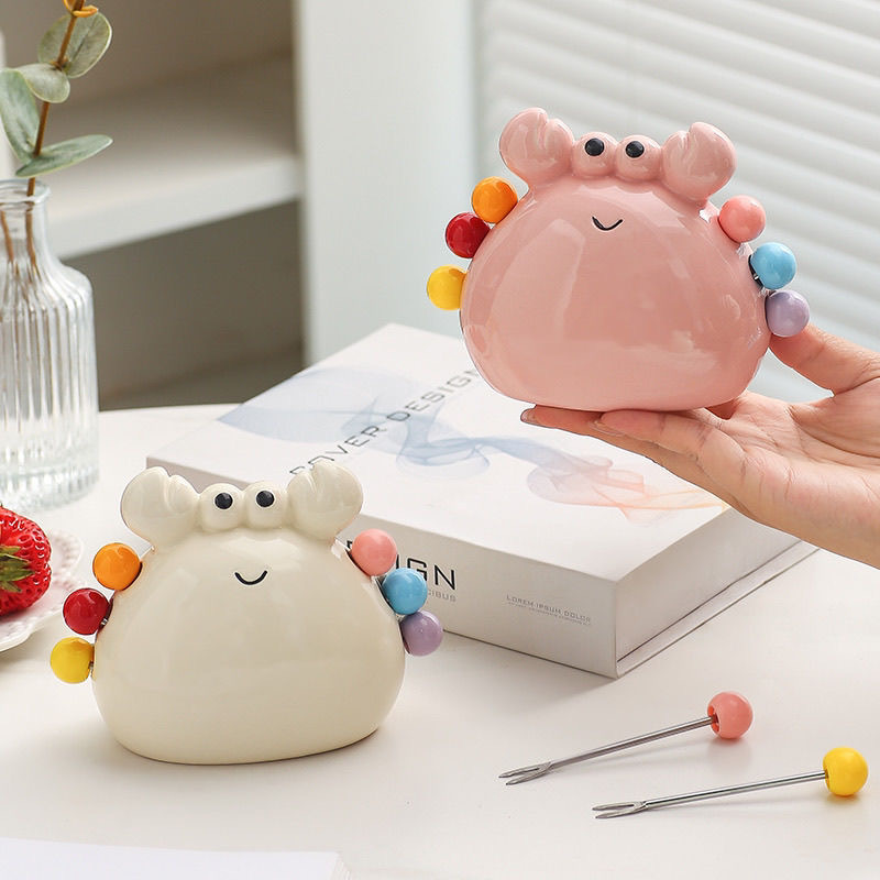 Crab fruit fork dessert, cute stainless steel small fork, ceramic storage jar set, fruit stick, children's safe fruit skewer details Picture