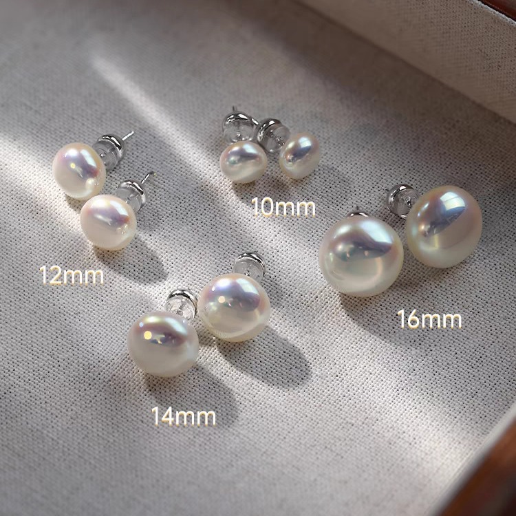 All-size 999 sterling silver high-gloss Shijia steamed bun pearl stud earrings, women's retro light luxury earrings, commuting fashion earrings Specification image