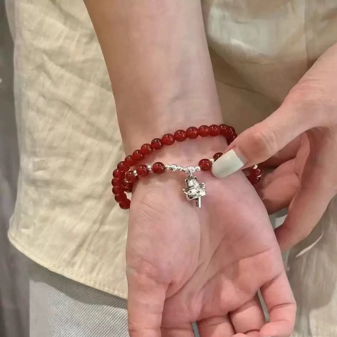 Natural red agate 12.2 Maneki Neko bracelet s925 sterling silver women's ins niche design double-ring bracelet, elegant and high-end