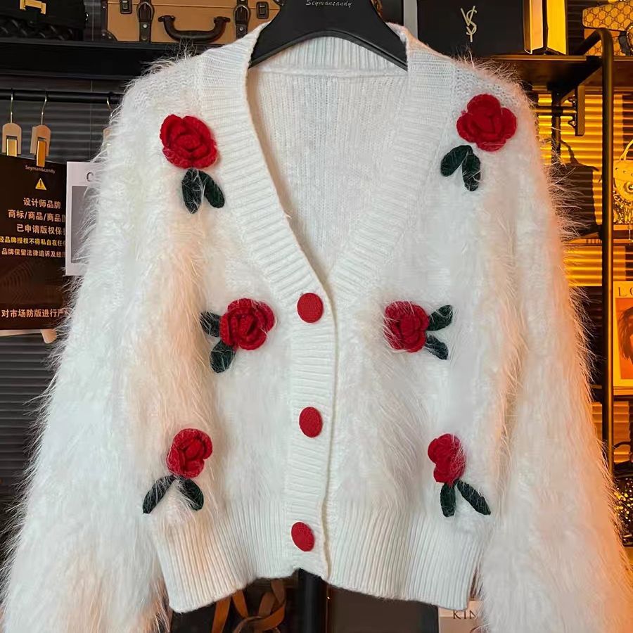 A new autumn loose and thick long-sleeved knitted sweater in solid color for women, featuring a little chanel-style rose sweater cardigan Application Scenario