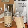 2025 High Appearance level Bubble milk Tea Glass Cup Mason Cup Straw Large Capacity Homemade Cold Drink Cup details Picture