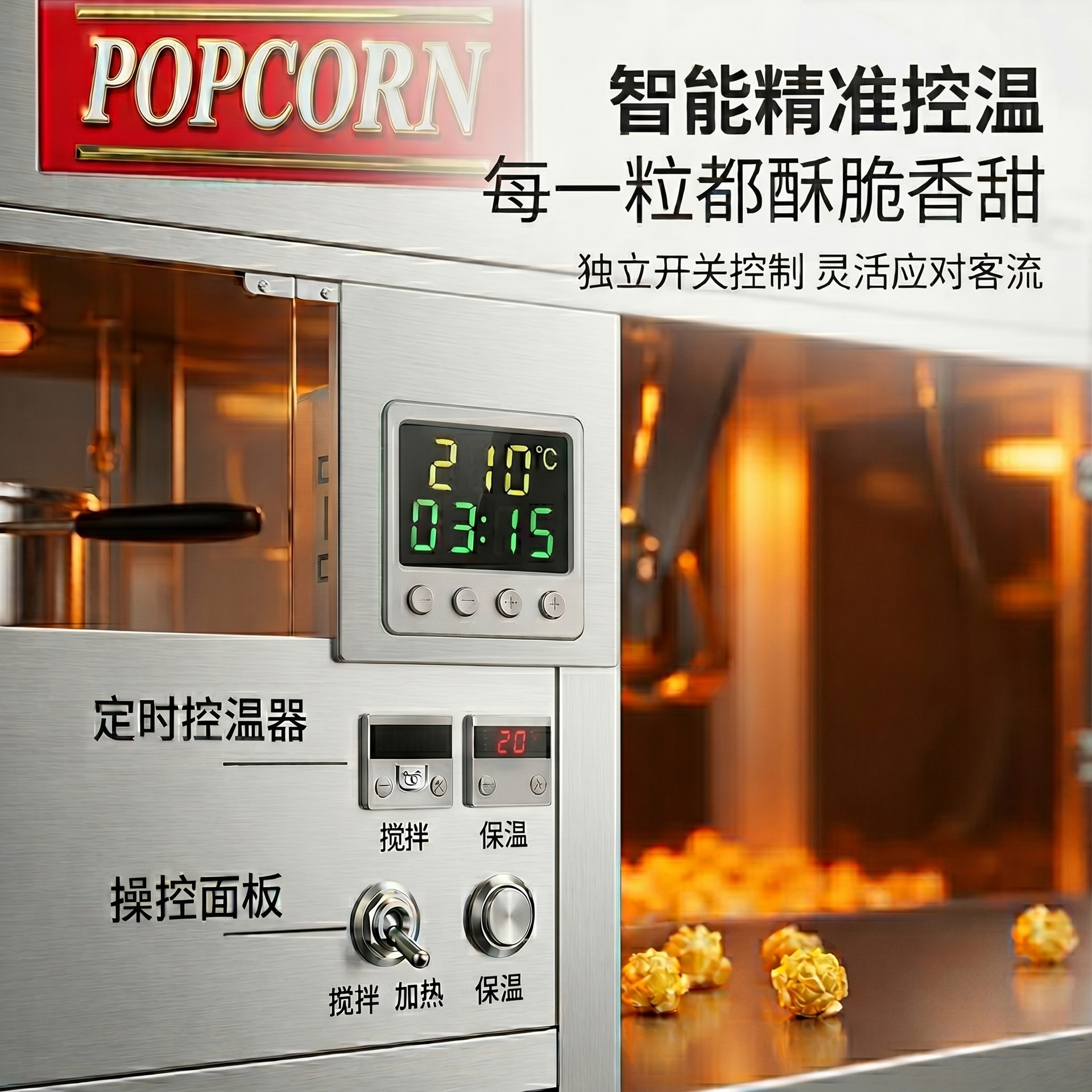 Silver commercial double-head popcorn machine, with precise temperature control and automatic heat preservation for rice flower candy and cotton candy Specification image