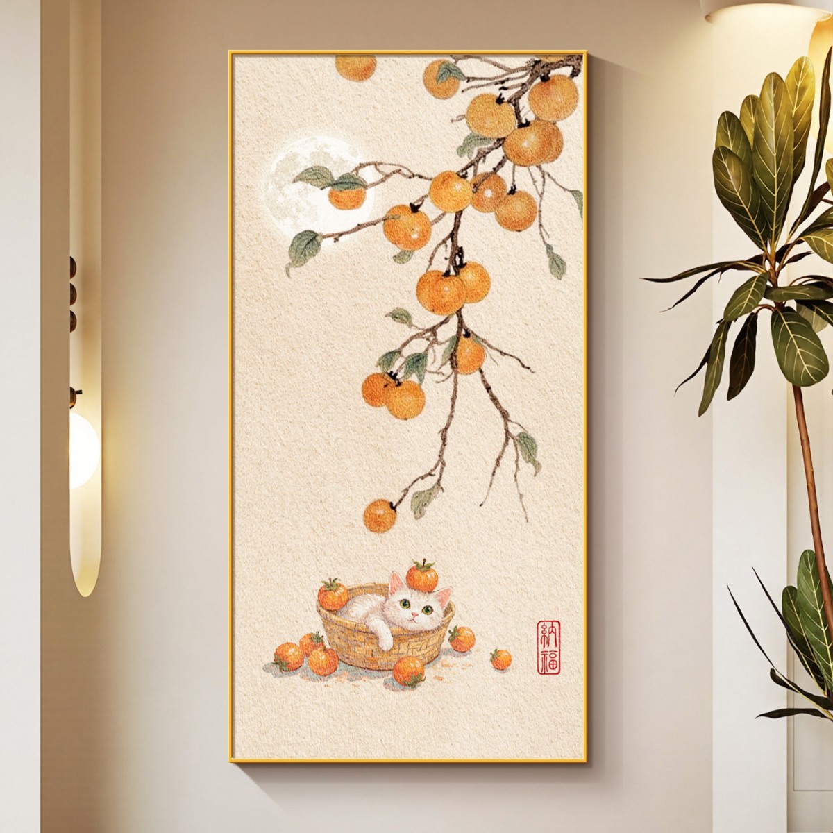 奶油风高档聚财砂岩画可爱猫咪玄关挂画正对墙装饰画柿柿如意进门