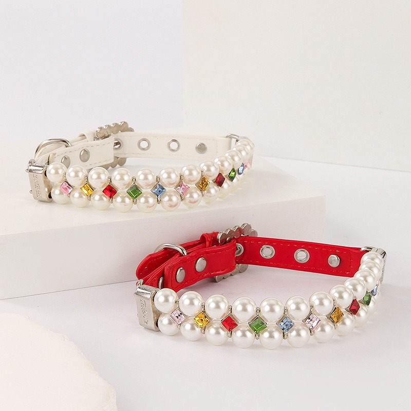 Pet square colored zircon collar leash set, steel wire rope bead string leash, small cat and dog imitation pearl details Picture