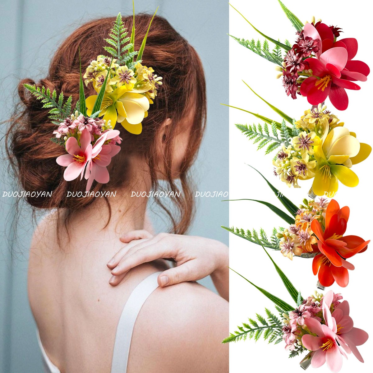 New fabric flower hair clips, vivid and realistic three-dimensional flower hair accessories, Hawaiian beach vacation headwear and hair flowers details Picture