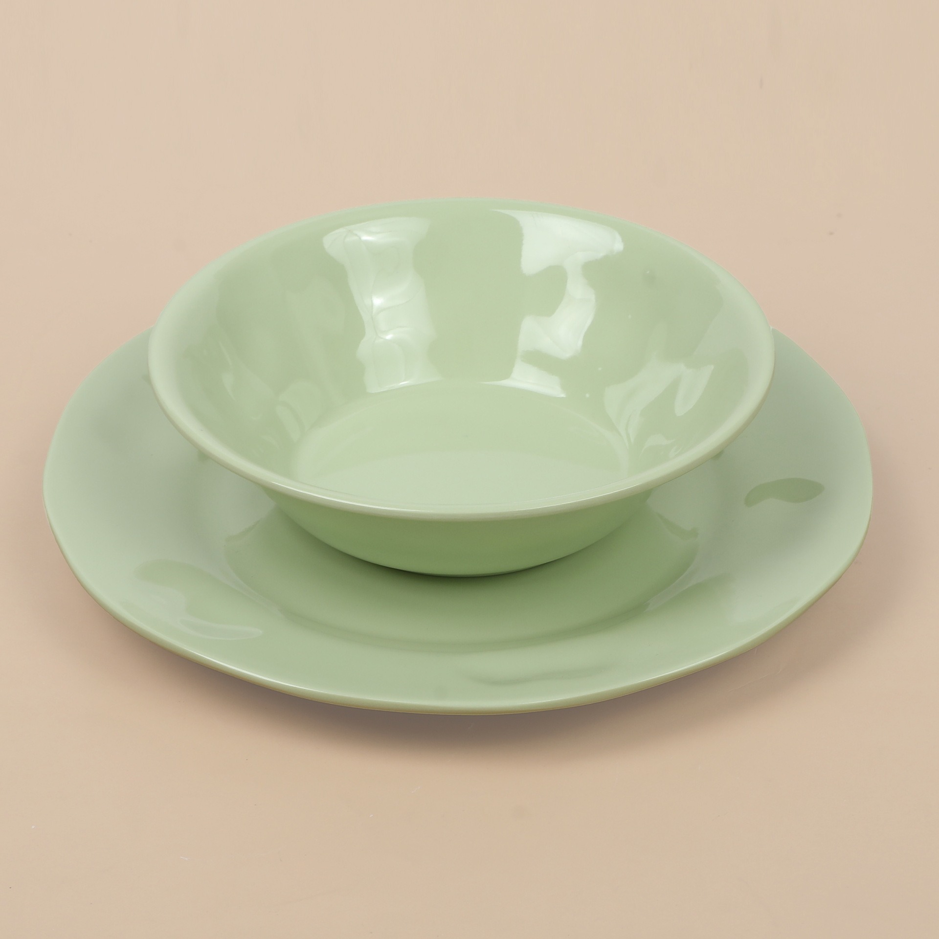 Foreign trade imitation porcelain plates, restaurant self-service round plates, green and shock-resistant plastic plates, rice pouring, fried noodles, stir-fried dishes, melamine plates details Picture