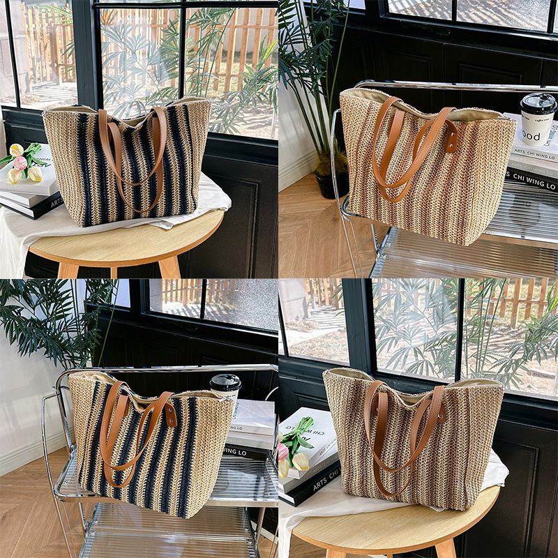 Cross-border straw woven bag, striped woven handbag, fashionable and simple, large-capacity commuter lady's single-shoulder bag, casual and simple straw woven bag Application Scenario