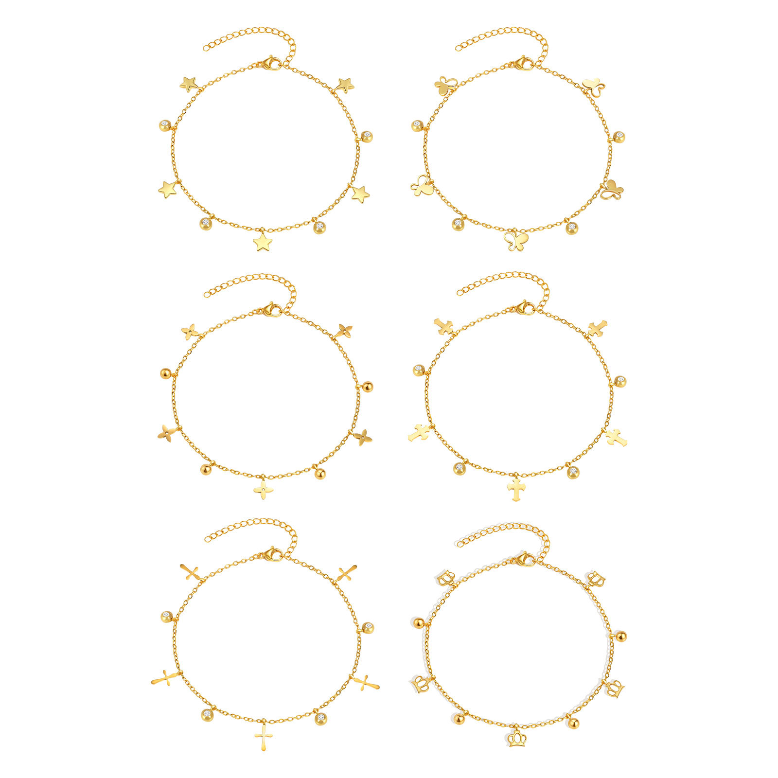 时尚特色脚链合集 不锈钢四叶花十字架皇冠脚饰 夏季沙滩脚链金色饰品女白底实物图