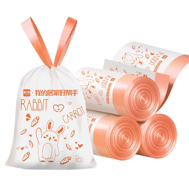 Wholesale manufacturer of tear-free, cute printed thickened extra thick drawstring garbage bags for household black kitchen hand-held use Item Picture