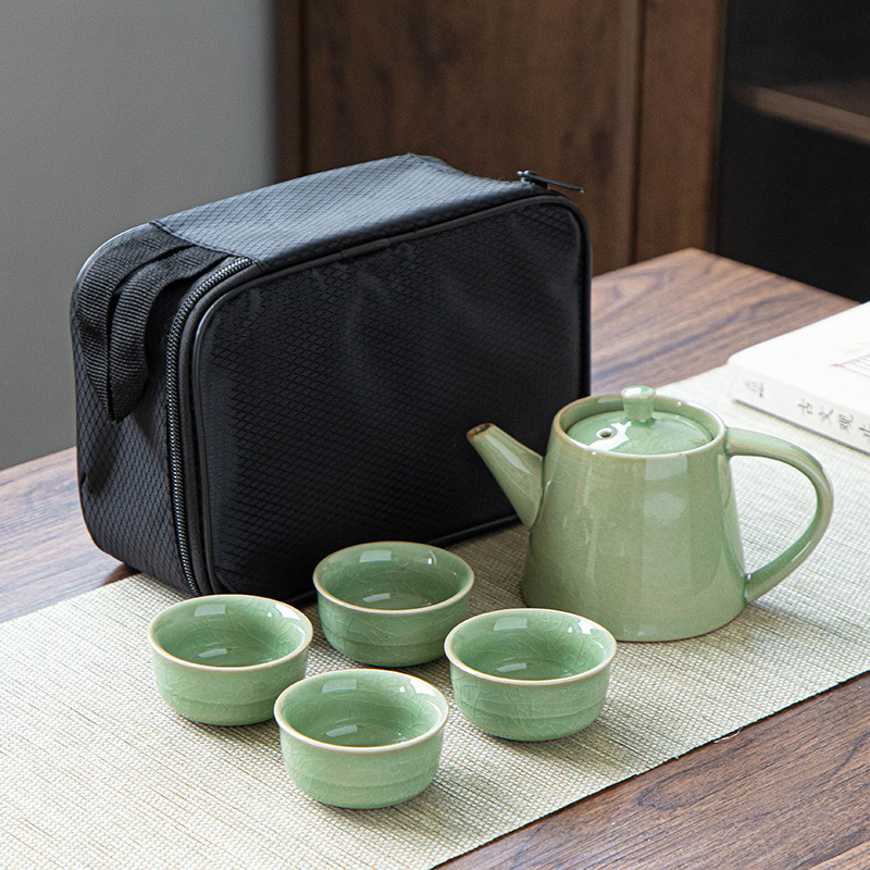 Ru Kiln Ge Kiln Kung Fu Tea Set, portable bag, one pot, four cups, Ceramic travel tea set, gift logo Specification image