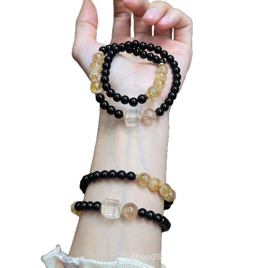 天然黑曜石双圈手链搭黄塔晶黑金超手串白水晶方糖时尚女批发直播白底实物图
