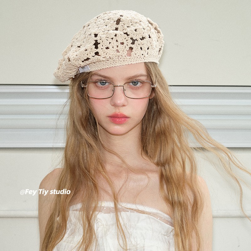 Vintage chic hecho a mano boina de punto mujer gorro de día calado gorro de calle de moda gorro de artista