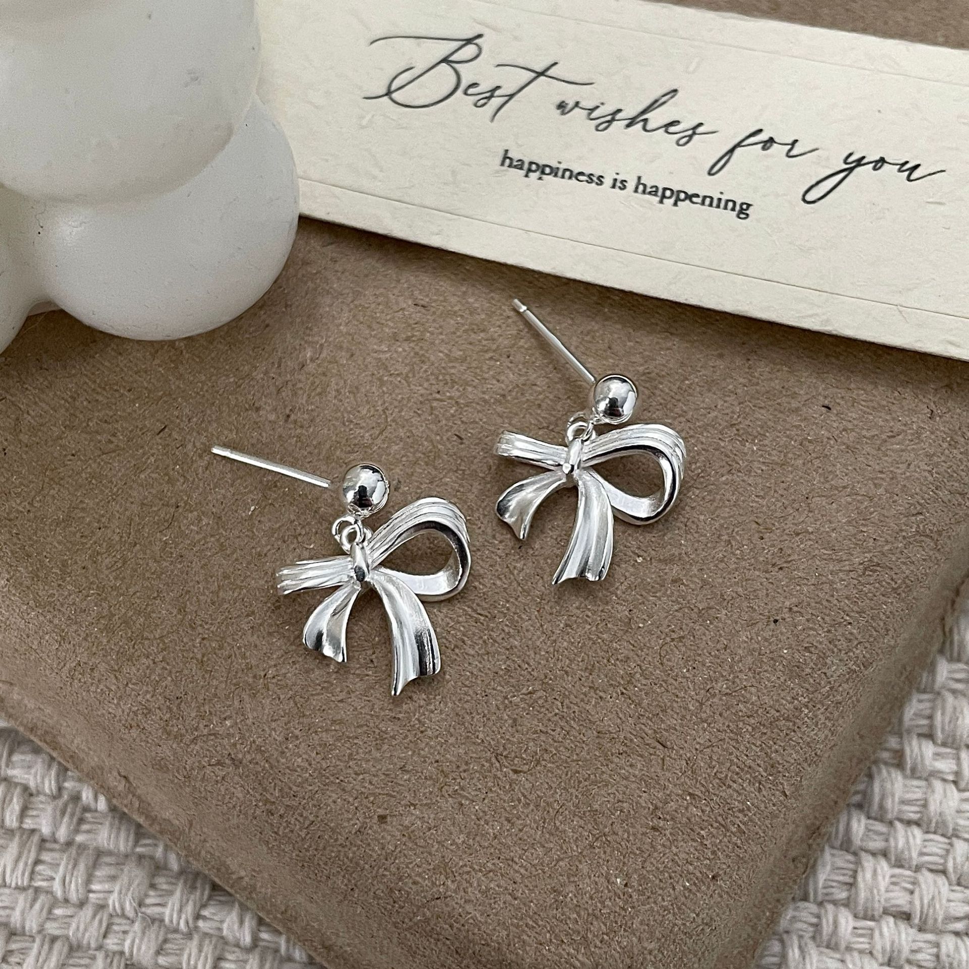 S925纯银韩版小众设计感蝴蝶结耳钉韩式风复古简约基础款耳饰批发