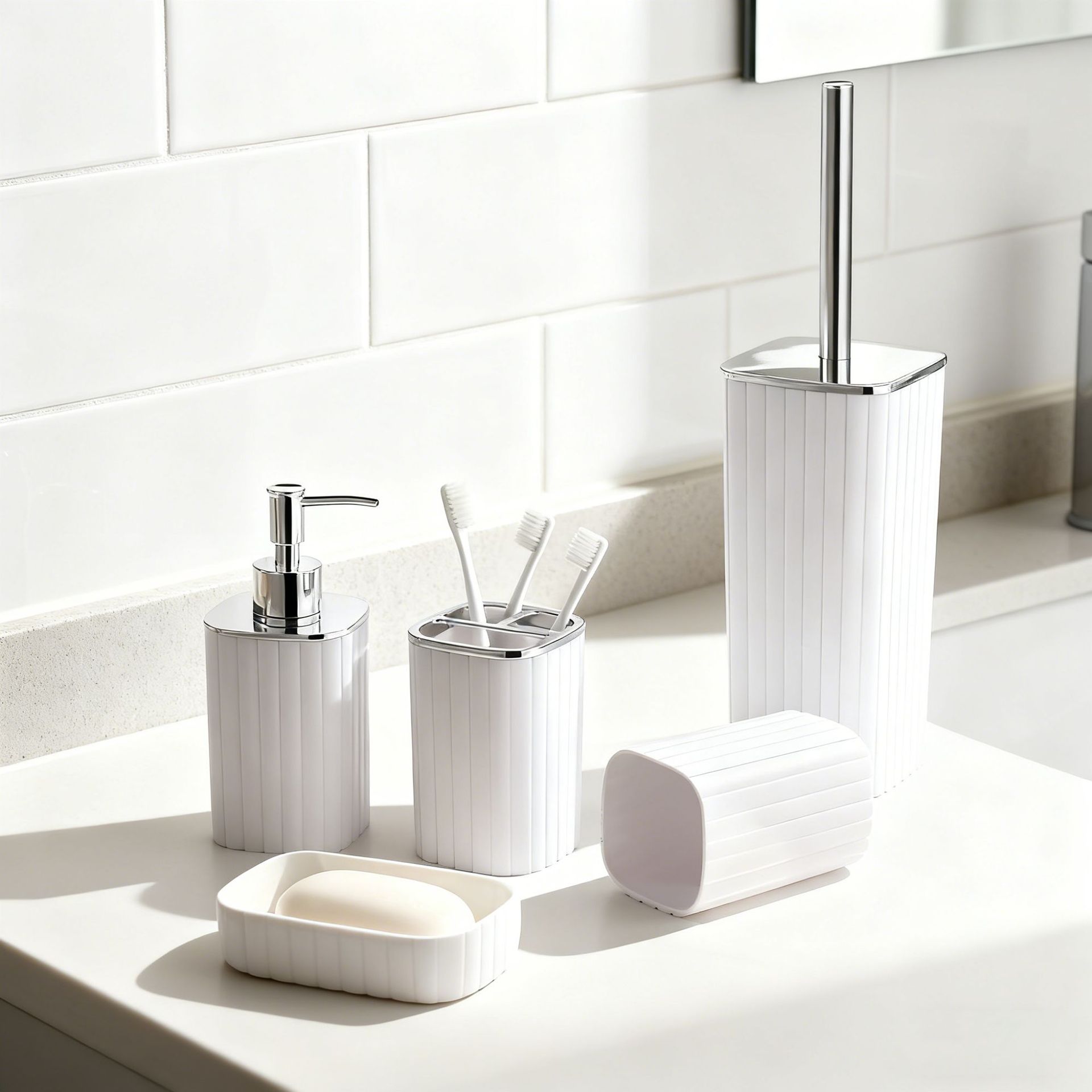 竖条纹卫浴洗漱塑料5件套厂家批发卫生间马桶刷架牙刷架套装轻奢产品图