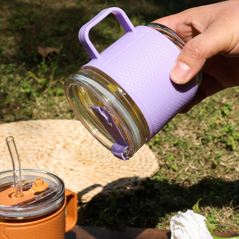 New personalized coffee cup, thickened glass cup, juice cup, lemon drink cup, handle straw cup, straw double-drinking cup Specification image