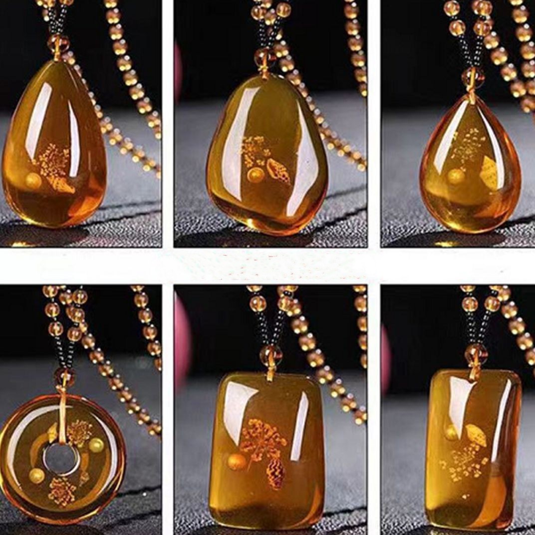 Amber and copal imitation sweater chain inlaid with shell and plant fossils, fashionable necklace for men and women, live-streaming gift for sale Item Picture