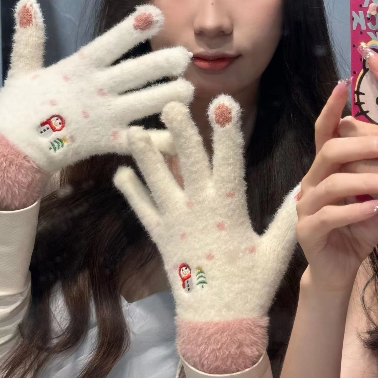 秋冬手套雪人可爱保暖时尚五指手套触屏加绒加厚针织手套防寒