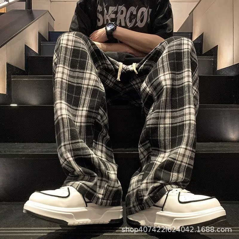American high street checkered pants, men's trendy retro brand loose straight-leg pants, versatile casual pants, wide-leg long pants, trendy details Picture
