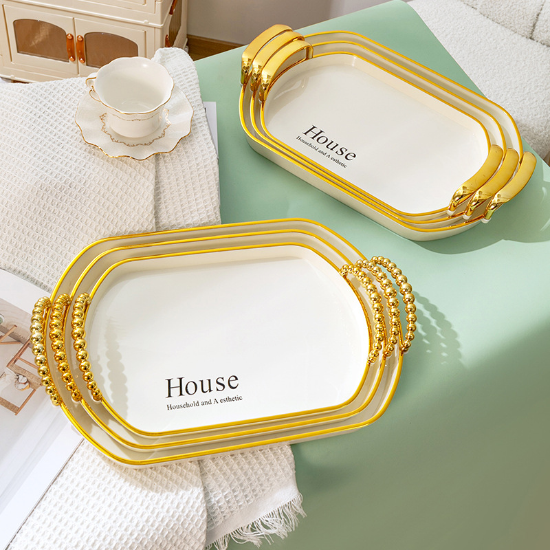 PET轻奢托盘水杯塑料茶盘透明ins水果盘透明金边收纳盘