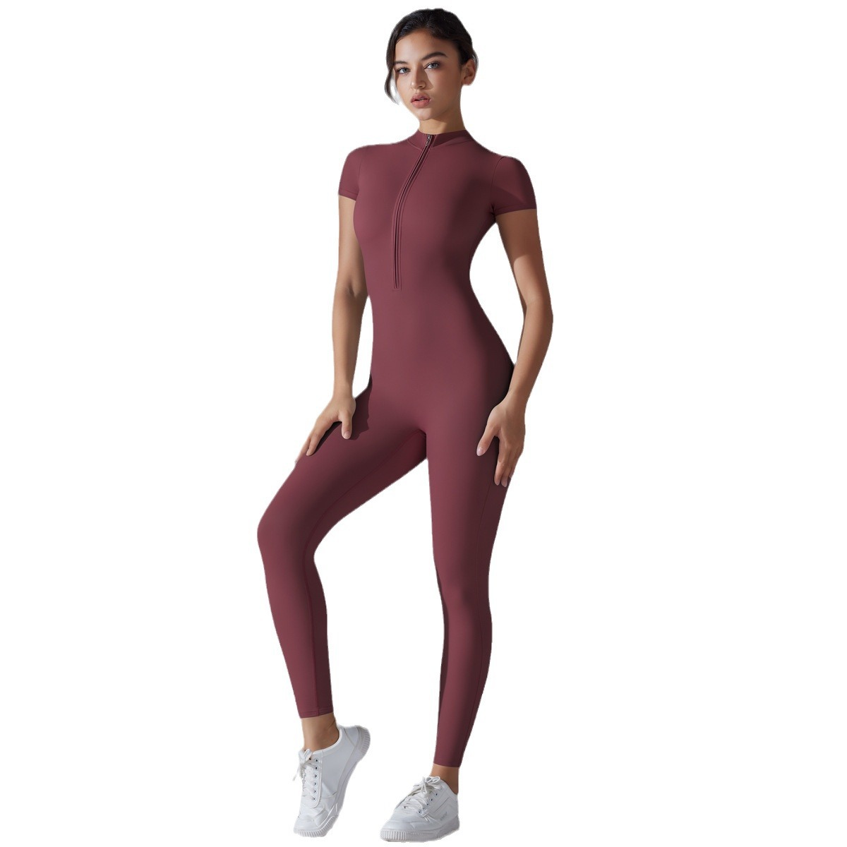 European and American nude zipper short-sleeved yoga suit one-piece suit, quick-drying breathable outdoor sports tight one-piece suit, fitness suit Item Picture
