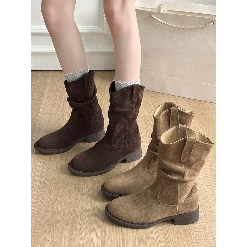 西部牛仔靴女2025新款秋季V口显瘦中筒靴子褶皱堆堆马丁靴