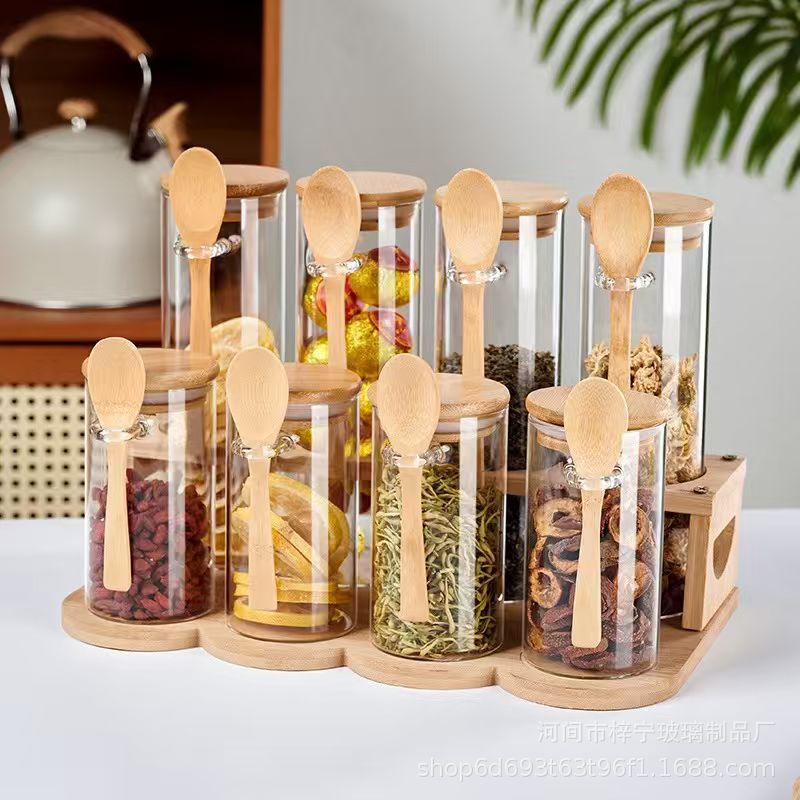 Cross-border seasoning bottle set combination set, high borosilicate glass bamboo lid with spoon seasoning jar set, storage jar, tea jar