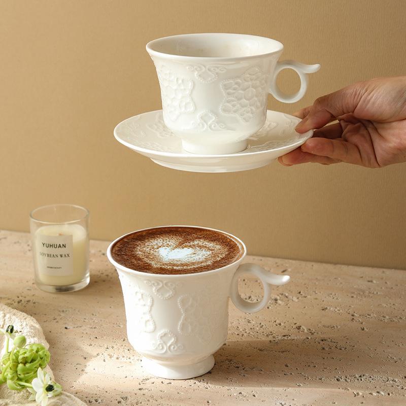 欧式精致浮雕陶瓷下午茶咖啡杯碟套装家用水杯早餐杯马克杯外贸