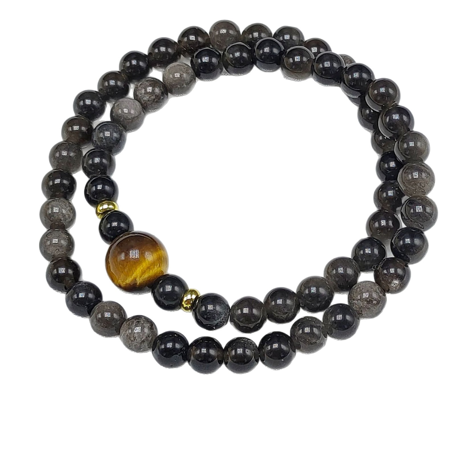 Dark natural silver obsidian double-ring bracelet paired with tiger's eye stone women's obsidian shiny bracelet as a gift for your best friend Item Picture
