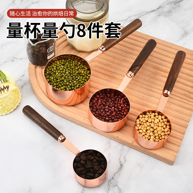 Walnut wood measuring cup and measuring spoon 8-piece set, stainless steel measuring spoons 15ml, 30ml coffee spoons, baking measuring spoons, measuring spoons details Picture