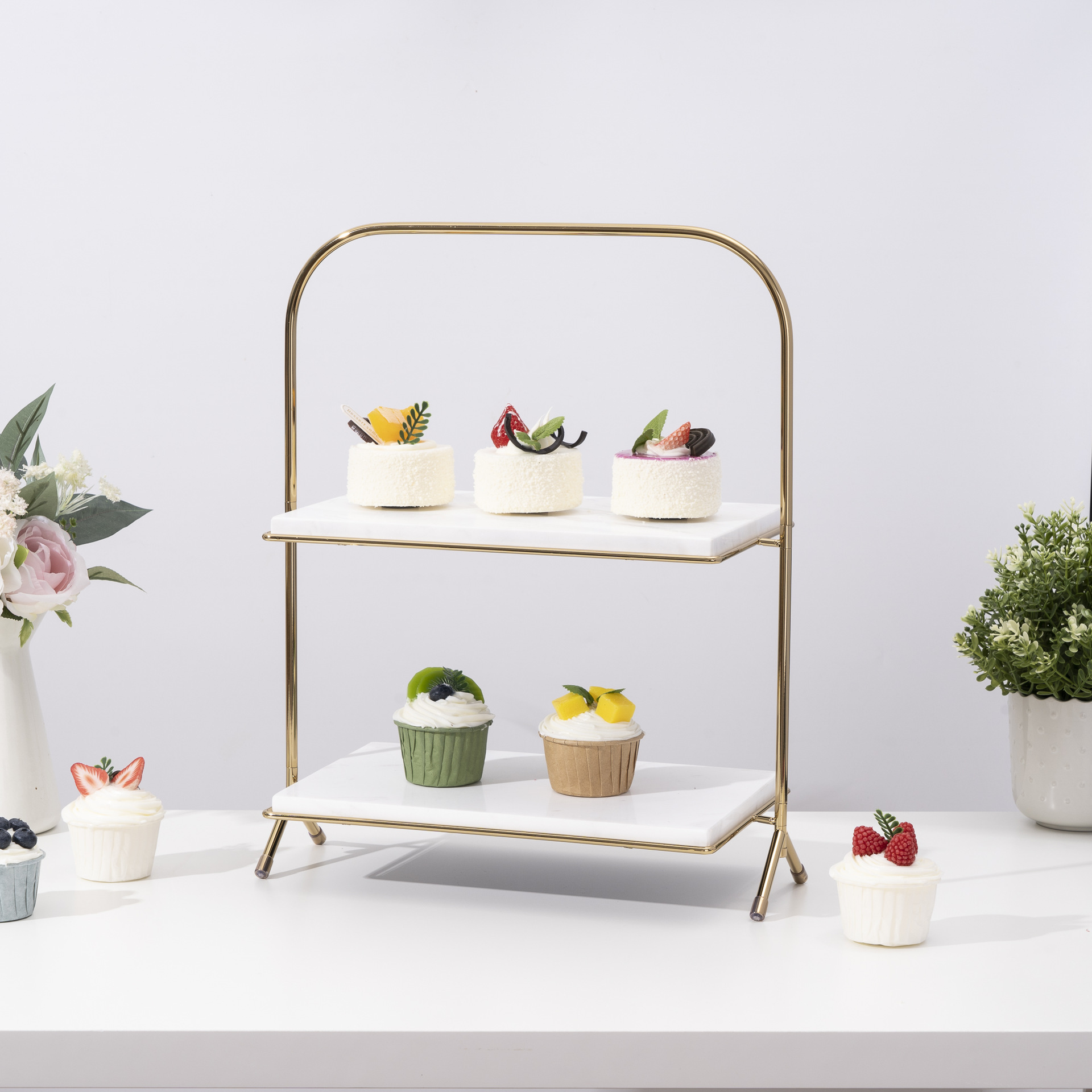 简约双层大理石甜品台蛋糕架点心甜品展示架托盘家居工艺品摆件