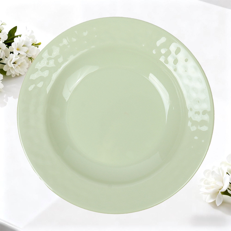 Hotel light green imitation porcelain shallow plates, Western steak plates, seafood plates, and custom-made multi-sized logo melamine tableware plates for restaurants full figure