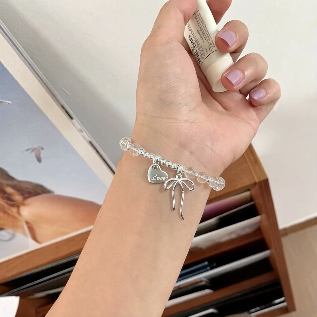 S925 pure silver white crystal bow bracelet for women, an Instagram niche design sense, a heart bracelet with a light luxury and high-end feel Specification image