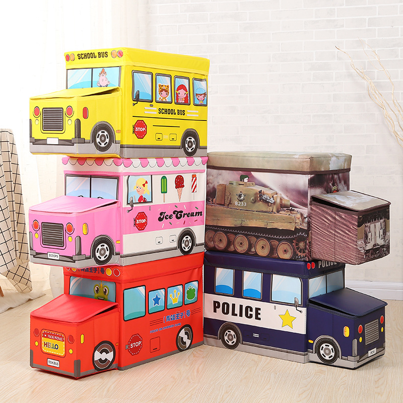 Wholesale of seated cartoon car storage boxes, multi-functional large-capacity storage boxes, folding storage stools