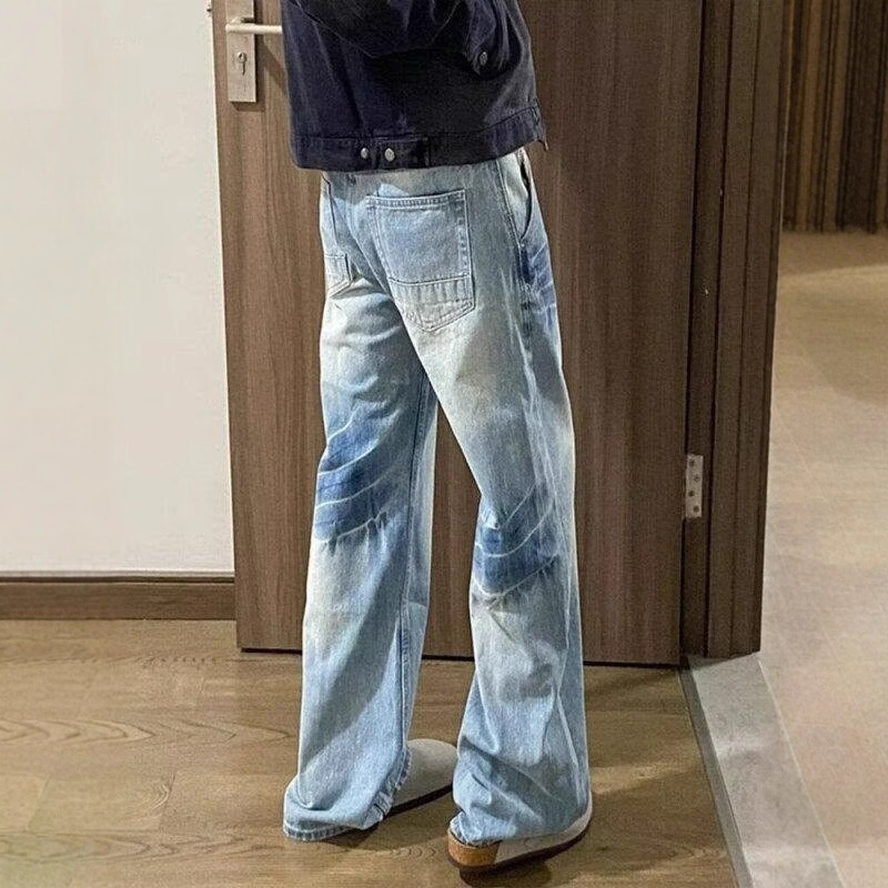 Washed blue straight-leg jeans for men, spring and autumn style American high street vibe pants, cleanfit curved slightly flared trousers Application Scenario
