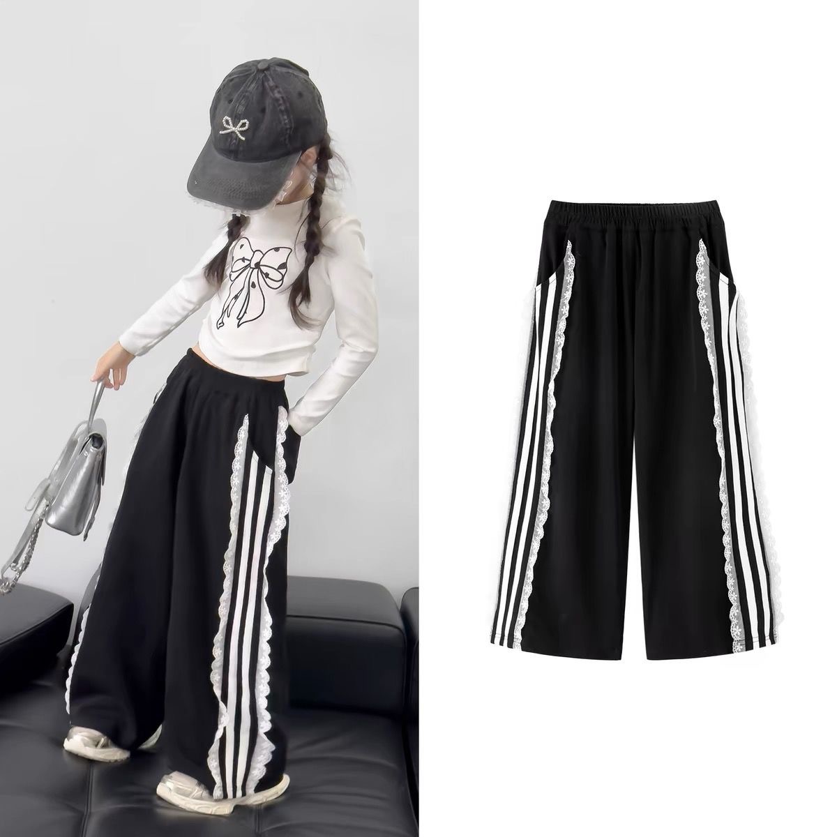 Girls' long-sleeved T-shirt 2025 new set for children's autumn top, stylish bow base layer, wide-leg pants Application Scenario
