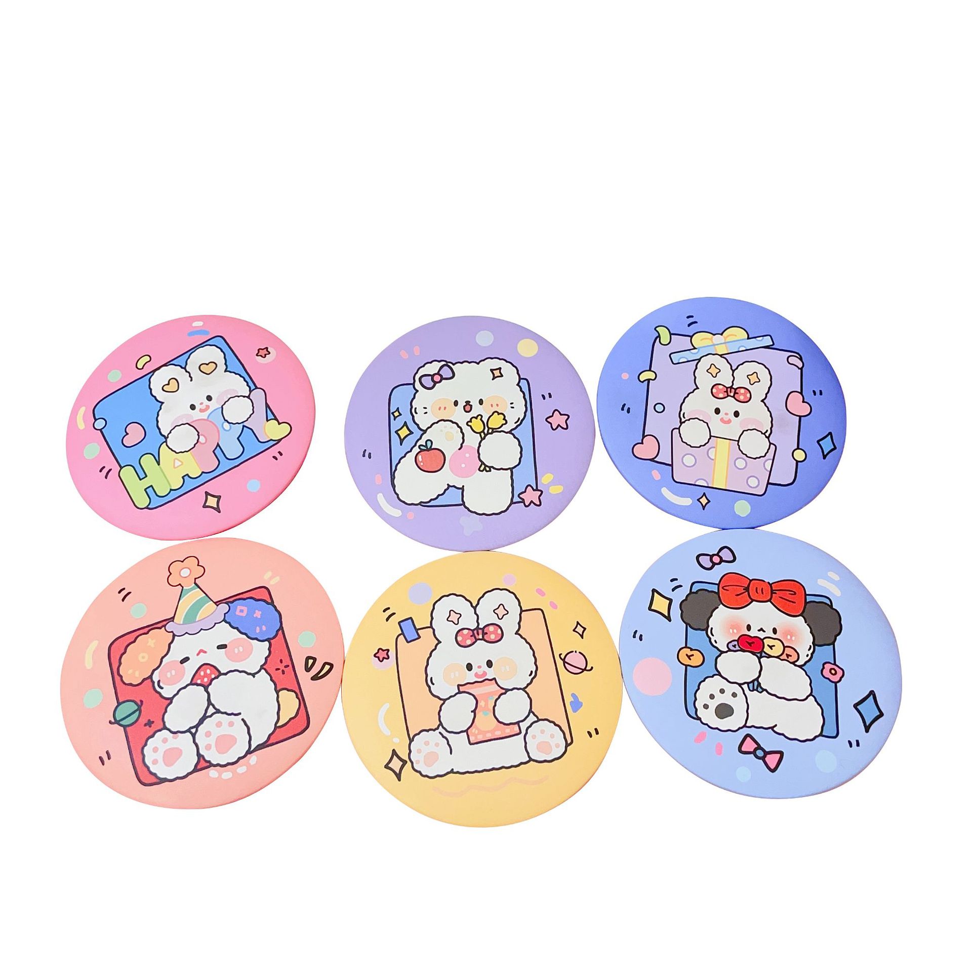 Six cute round hand-held folding makeup mirrors with pearl-colored paper backgrounds featuring colorful cartoon animal bread Item Picture
